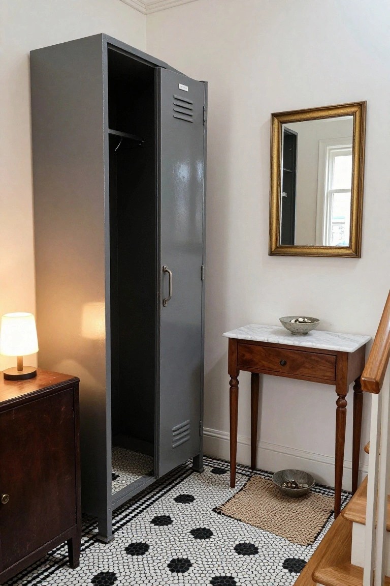 Open gray metal locker with coat hanger inside next to wooden console table topped with lamp and bowl, gold-framed mirror on wall, black-and-white checkered tile floor, and stairs in corner of entryway.