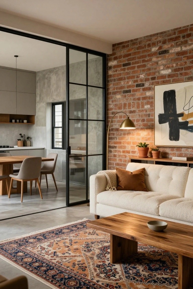 Modern transitional living room interior with a cream bouclé sofa, wooden coffee table on an orange and blue Persian rug, exposed brick wall, arc floor lamp, abstract wall art, and glass sliding doors to a gray kitchen.
