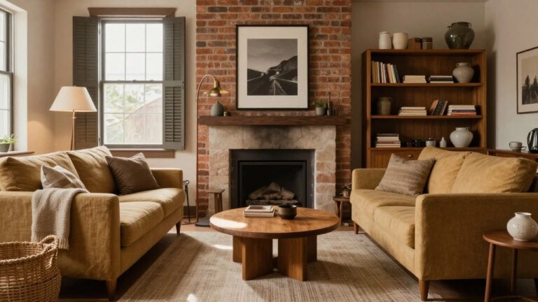A beige linen sofa with cushions faces a brick fireplace in a light neutral living room with wooden furniture, lamps, and large windows.