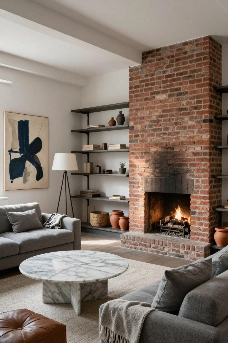 Living room with two low gray fabric sofas arranged in front of a tall brick fireplace containing a lit fire, flanked by black metal shelves holding books and pottery, a round white marble coffee table in the center, tan leather pouf, and beige rug on wood floors.