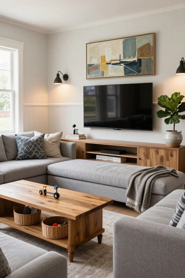A living room with a large gray L-shaped sectional sofa, wooden coffee table holding toys and baskets, wood media console under a wall-mounted TV, neutral walls, abstract painting, wall sconces, and potted plants.