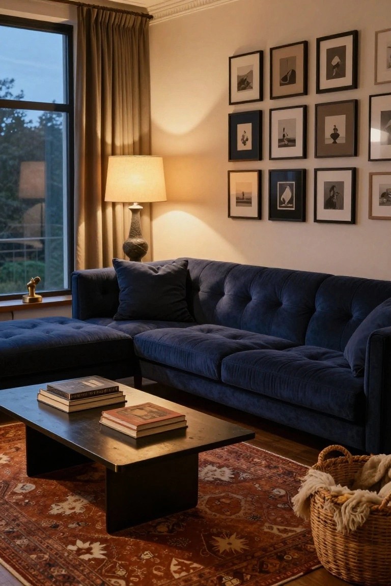 Living room interior with navy blue tufted L-shaped velvet sofa, low black metal coffee table holding stacked books, red and orange Persian rug, gallery wall of black-framed abstract art photos, tall ceramic table lamp, wicker basket with cream throw blanket, and large window with tan curtains overlooking trees at dusk.