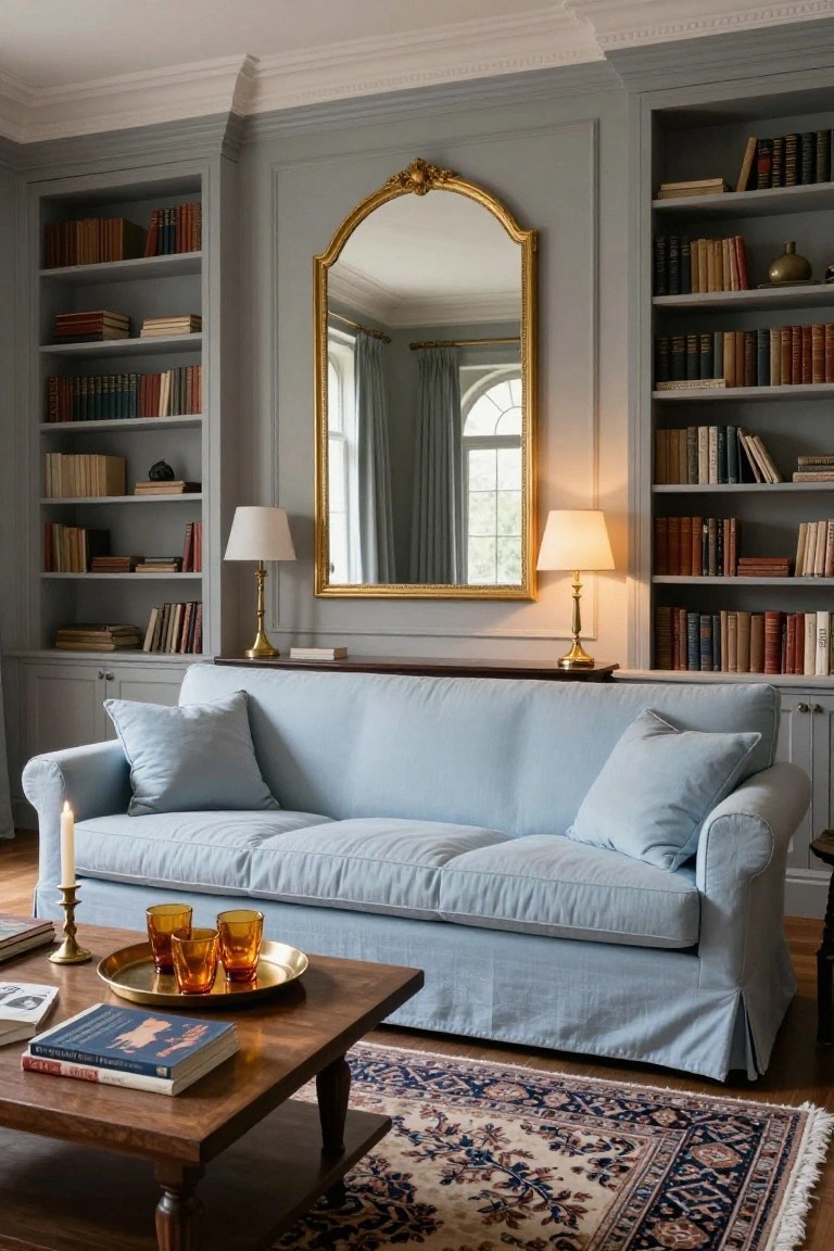 A light blue slipcovered sofa positioned between tall gray built-in bookshelves in a living room with a large arched gold mirror on the wall, brass table lamps, wooden coffee table holding amber glasses and books, and a patterned rug on hardwood floors.