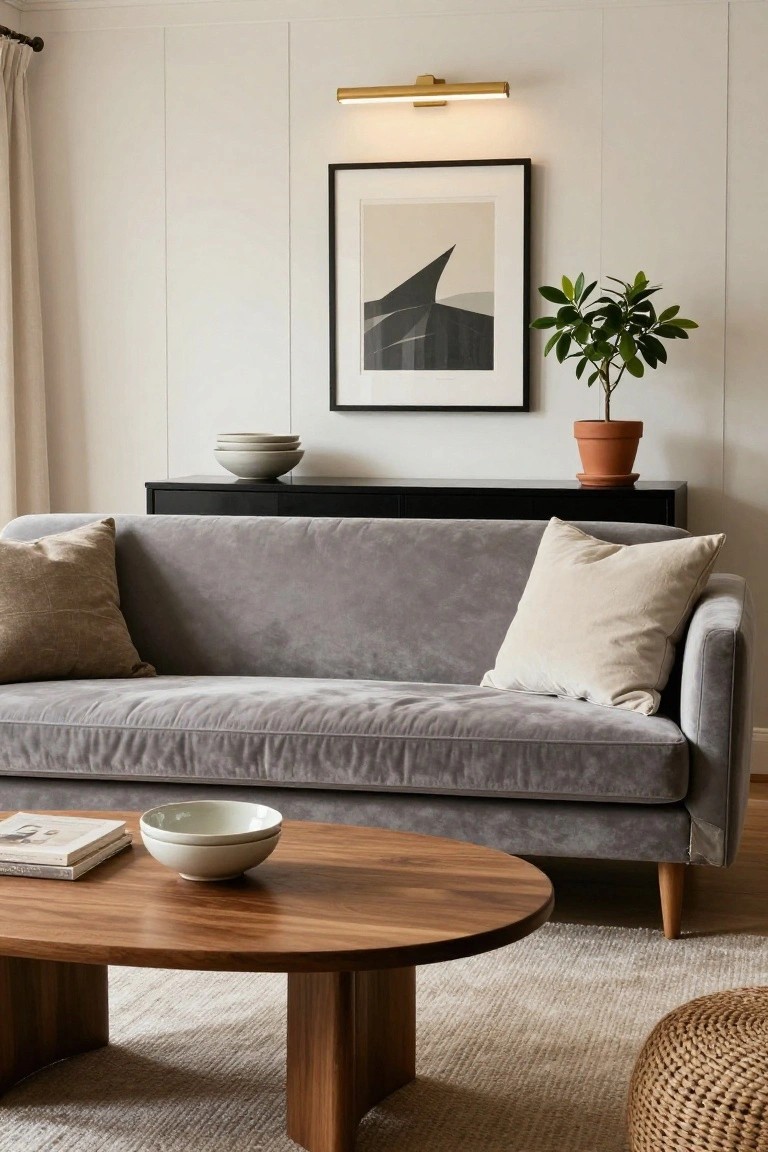 Gray velvet sofa with tan and cream pillows on a white wall room, oval wooden coffee table with book and bowl, black credenza with stacked bowls and potted plant, abstract black and white framed art, beige rug, and wicker pouf.
