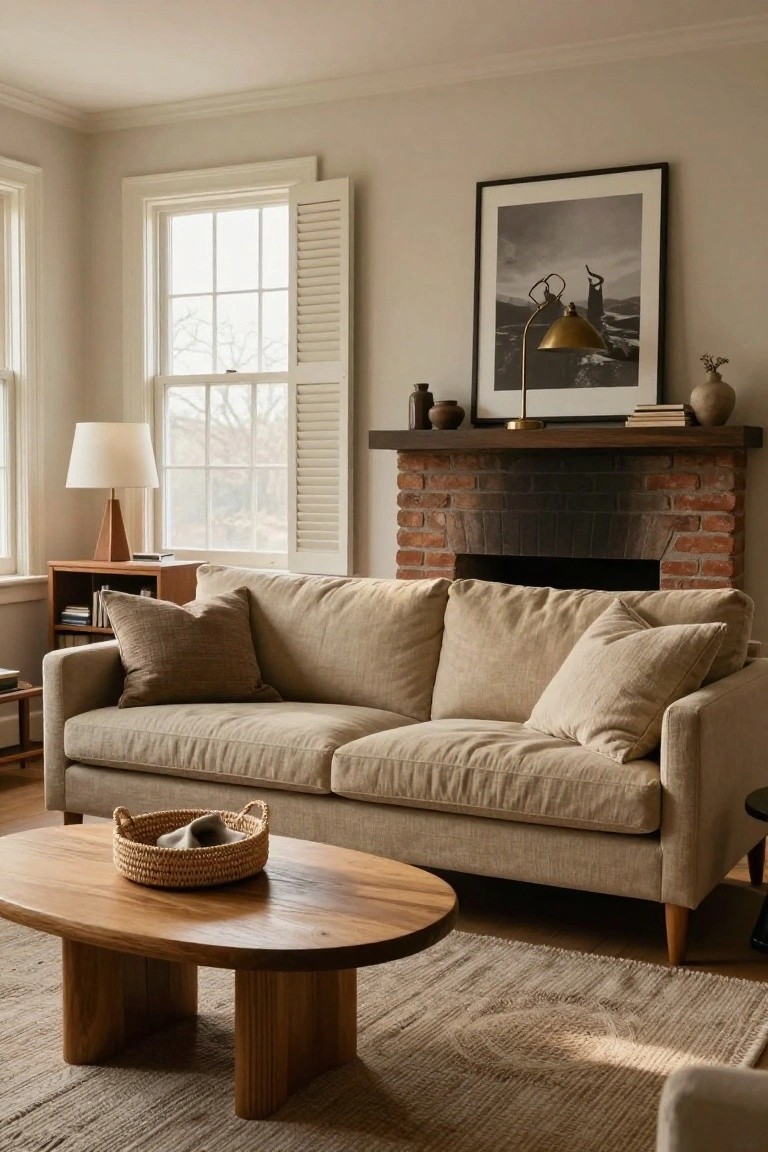 A beige linen sofa with cushions faces a brick fireplace in a light neutral living room with wooden furniture, lamps, and large windows.