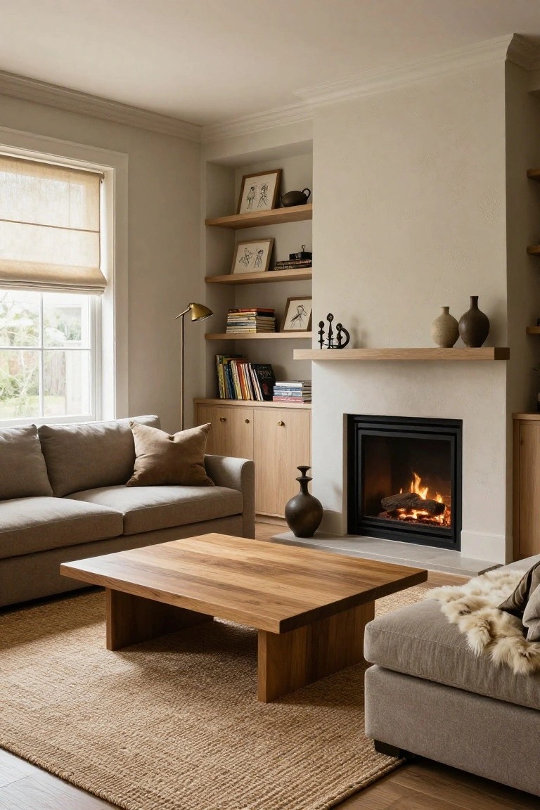 Beige low-profile sofa with pillows and throw in a light living room facing a fireplace, wooden coffee table in front, built-in oak shelves, and potted ceramics nearby.