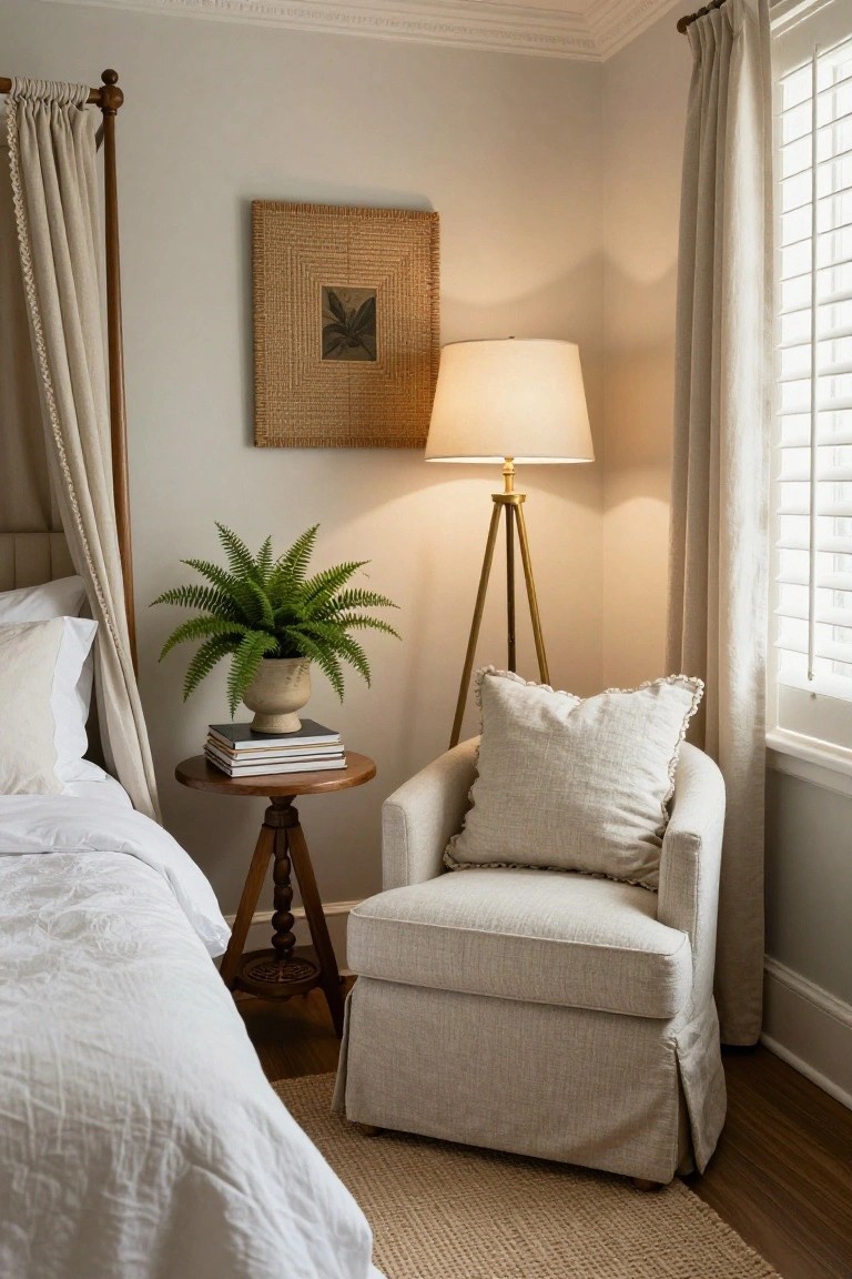 Corner of a transitional bedroom with a canopy bed draped in white linens, wooden tripod side table holding stacked books and potted fern, brass floor lamp, woven wall art, and cream slipcovered armchair on seagrass rug over hardwood floor.