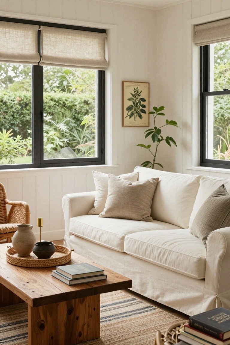 Cream slipcovered sofa with beige pillows in a white paneled living room featuring black-framed windows with greenery outside, wooden coffee table holding books and ceramics, rattan armchair, potted plant, and framed botanical print on wall.