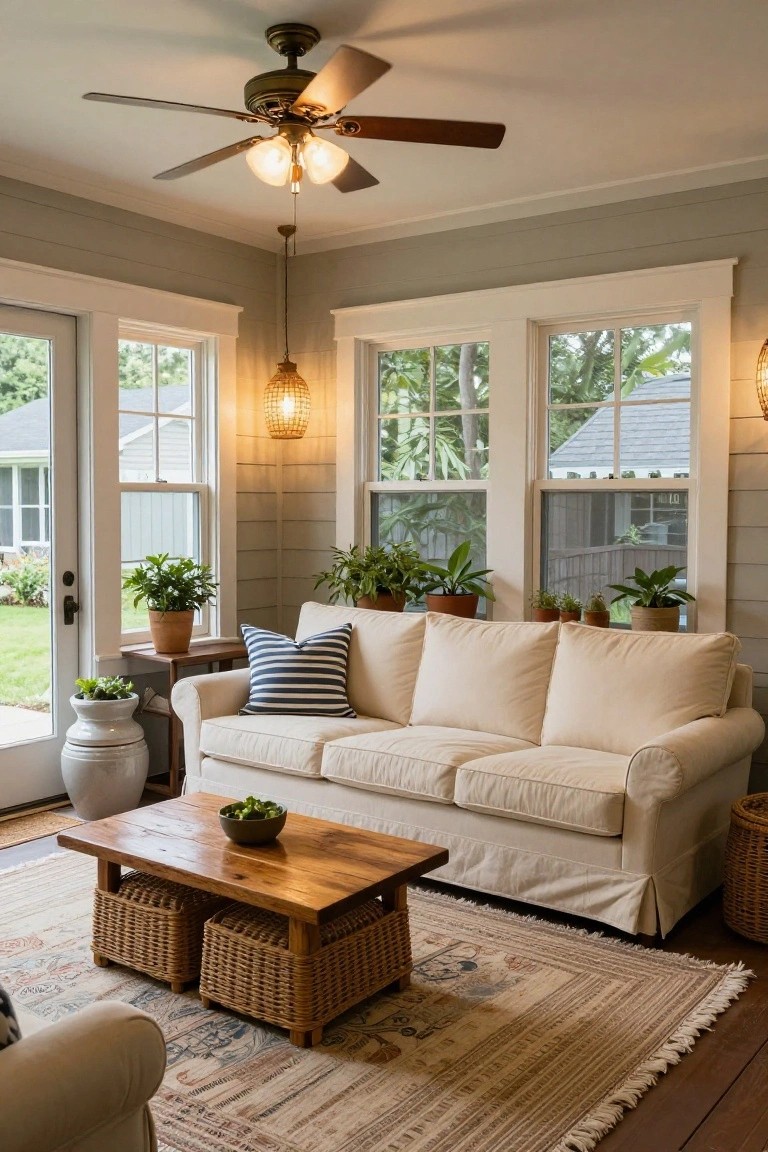 A cream slipcovered three-seat sofa in a sunroom with shiplap walls, large windows overlooking greenery, wooden coffee table with baskets, potted plants, and a ceiling fan.