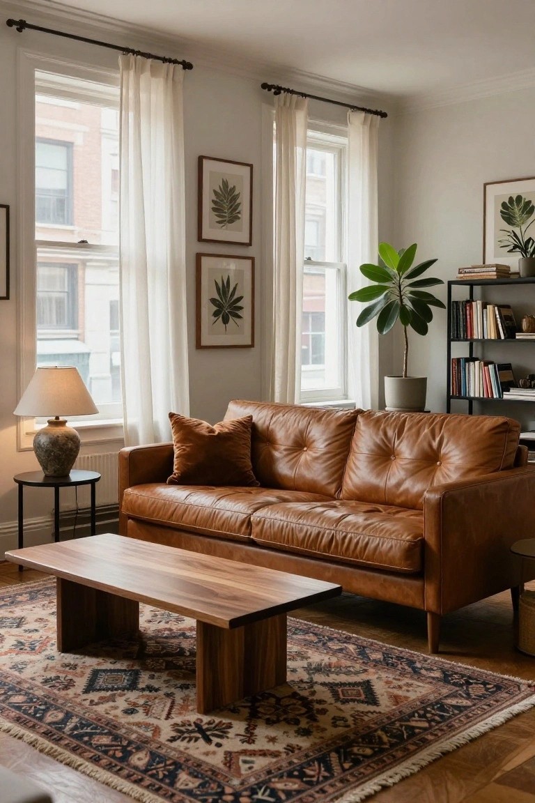 Living room with tan tufted leather sofa, low rectangular walnut coffee table, multicolored patterned rug, sheer curtains on two large windows, tall potted fiddle leaf fig plant next to black metal bookshelf with books, ceramic table lamp on black side table, hardwood floors.