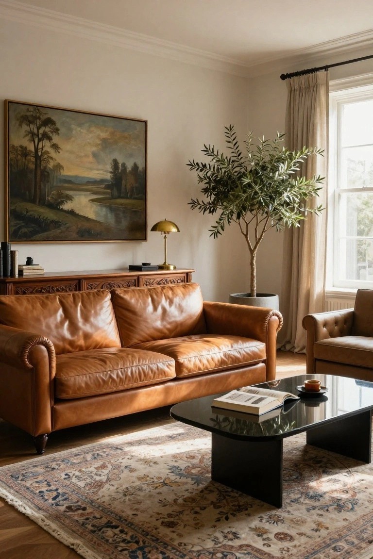 Living room with tan leather sofas, wooden credenza below a landscape painting, olive tree in gray pot, brass lamp, black glass coffee table with open book and cup, and beige Persian rug on wood floor.
