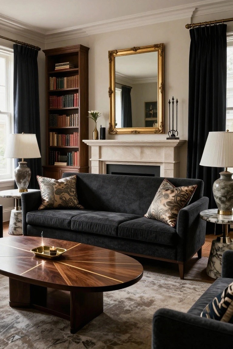 A living room with a dark gray velvet sofa featuring large patterned pillows, a walnut oval coffee table with inlaid lines, bookshelves, a limestone fireplace, gold-framed mirror, and black curtains on tall windows.