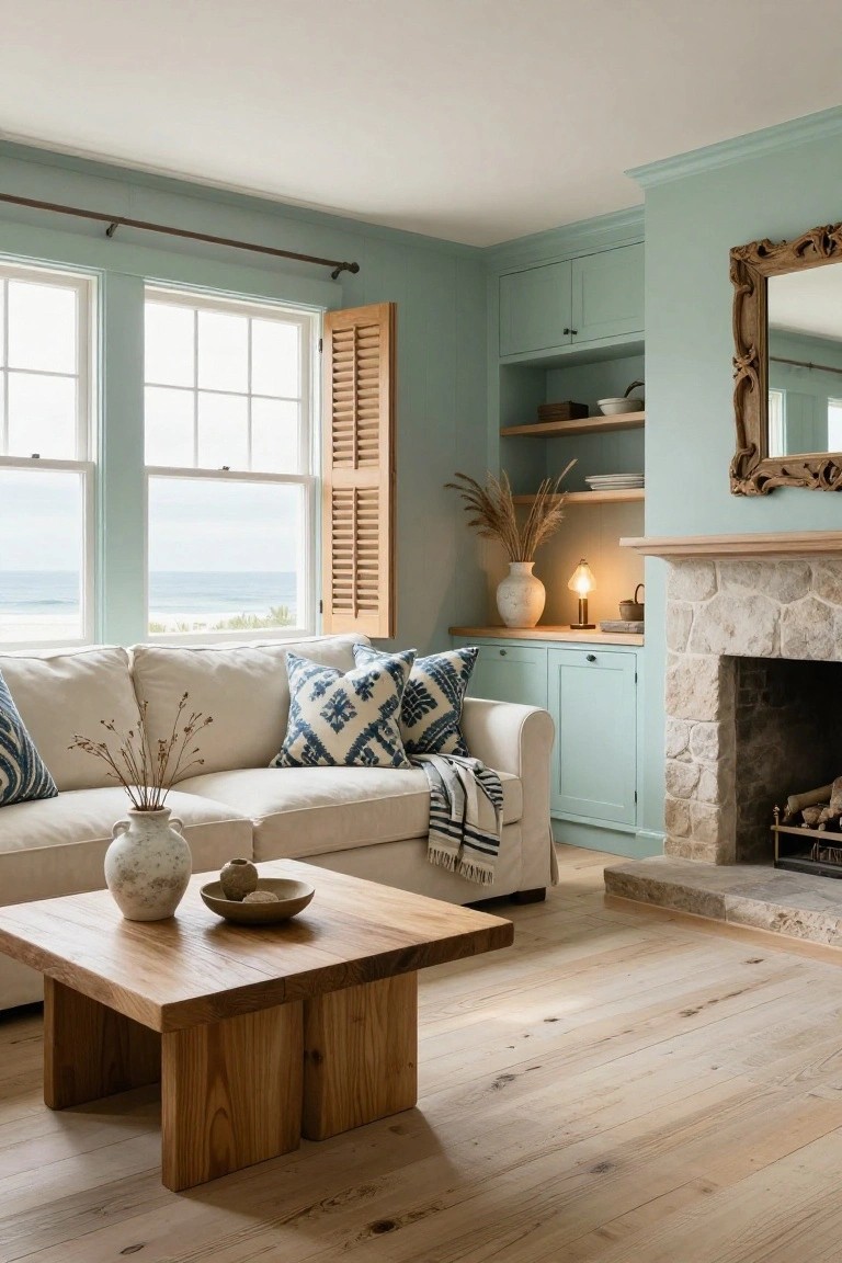 White linen sofa with blue patterned pillows, a striped throw, and potted branches on a low wooden coffee table in a teal-walled living room featuring large ocean-view windows, wooden shutters, open shelves, and a stone fireplace.