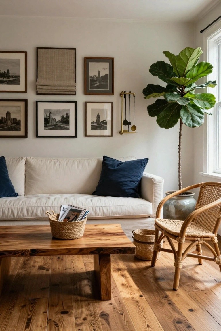 White sofa with navy pillows in a light-filled living room corner, low wooden coffee table with basket of magazines, rattan chair with ceramic pot, fiddle leaf fig plant by window, black-and-white photos on walls, and hardwood floors.