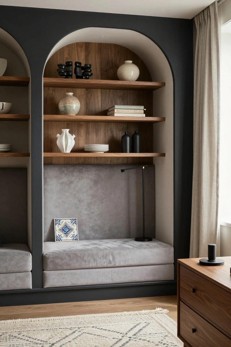 Room interior with two tall arched built-in wooden shelves flanking a central gray upholstered window seat, displaying ceramics, books, and bottles, beside a wooden dresser on a light rug with beige curtains and natural light.