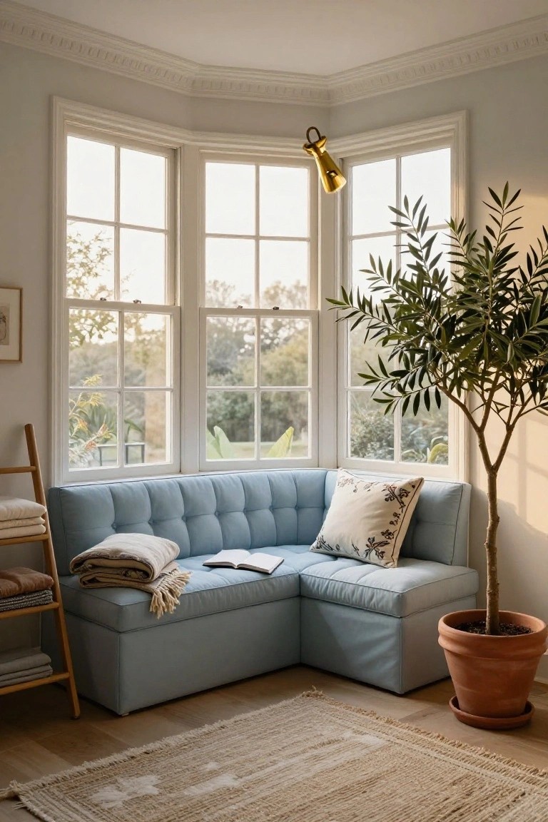 Blue tufted corner sofa in a light gray bay window nook with white-framed windows, an olive tree in a terracotta pot, layered blankets and pillows, a ladder shelf nearby, and a beige rug on wood floors.