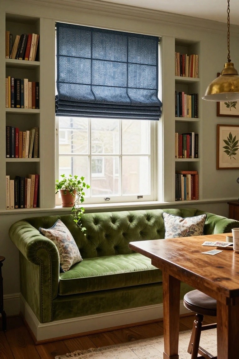 Green tufted velvet sofa as a window seat under a large multi-pane window with blue roman shade, flanked by built-in bookshelves filled with books, wooden table with cards and mug nearby, potted ivy plant on sill, brass pendant light overhead.