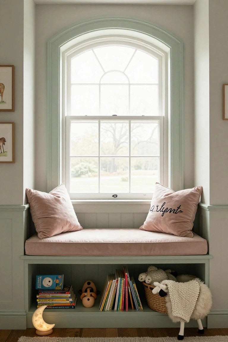 Arched white window with built-in green bench seat, pink velvet cushions embroidered with "Nights," open shelf below holding children's books, stuffed animals, and toys, flanked by animal artwork in a pale room.