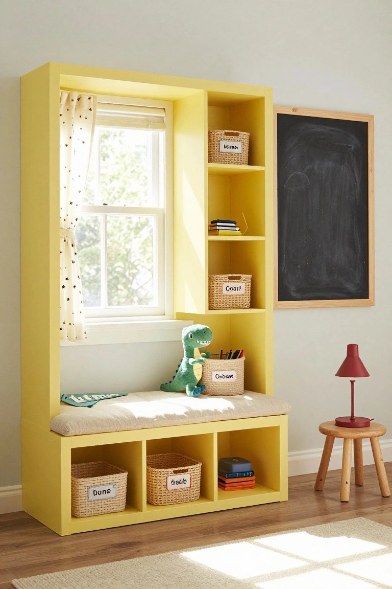 A yellow built-in cabinet featuring a cushioned window seat, open shelves with baskets and books, a stuffed dinosaur toy, and natural light streaming through the window in a light gray room.