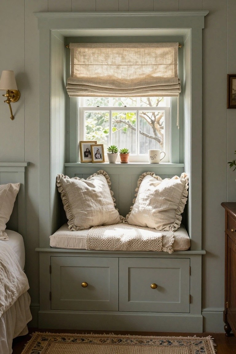 Sage green built-in window seat in a bedroom with linen Roman shade pulled halfway up the window, ruffled white pillows and cushioned bench, small potted succulent and photo frames on the sill, drawers below the bench, and a bed adjacent.