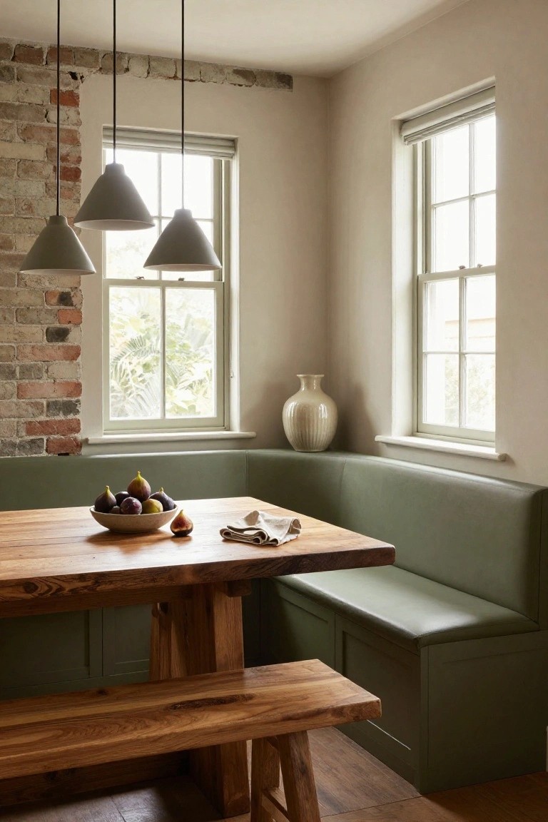 Corner kitchen booth with green upholstered benches, wooden table with bowl of figs and napkin, pendant lights overhead, large windows with blinds, white vase on sill, and exposed brick wall.