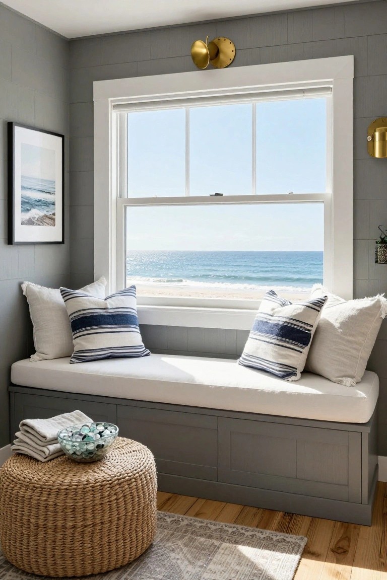 Gray shiplap-walled interior corner featuring a built-in white window bench seat with navy striped and white pillows, overlooking ocean and beach, gold sconces, rattan stool with sea glass bowl, and woven rug on wood floor.