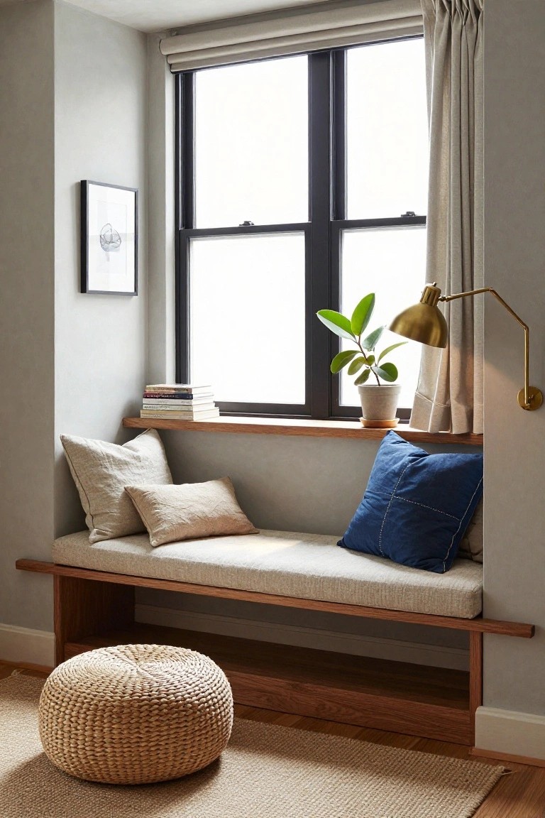 Built-in wooden window seat with beige linen cushions, blue pillow, stacked books on sill, potted plant, gold desk lamp, large window with rolled beige blind and curtains in light gray room.