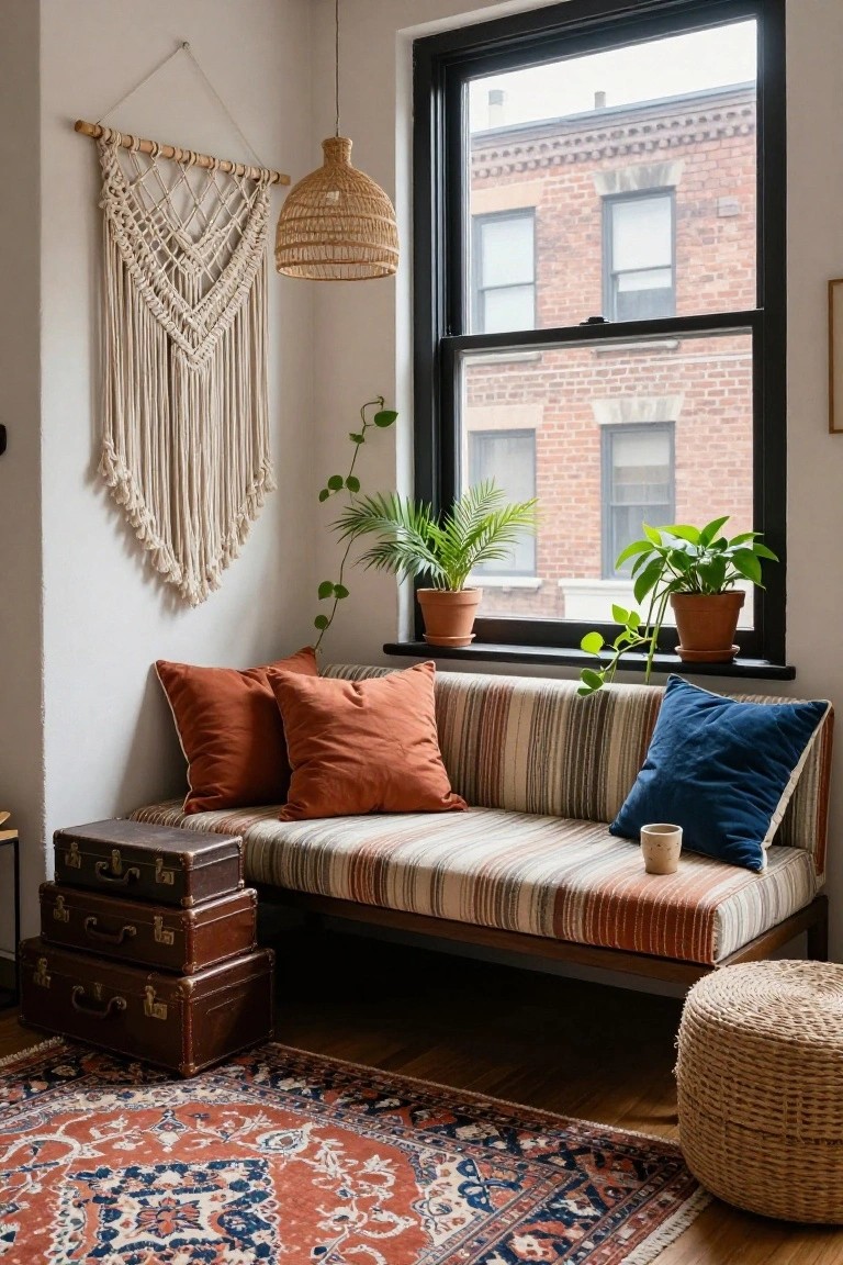 Cozy corner with striped bench, macrame, plants, and vintage suitcases.