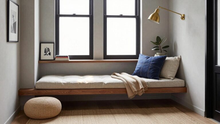 21 Gorgeous Window Seat Ideas With Dreamy Natural Light Built-in wooden window seat with beige linen cushions, blue pillow, stacked books on sill, potted plant, gold desk lamp, large window with rolled beige blind and curtains in light gray room.