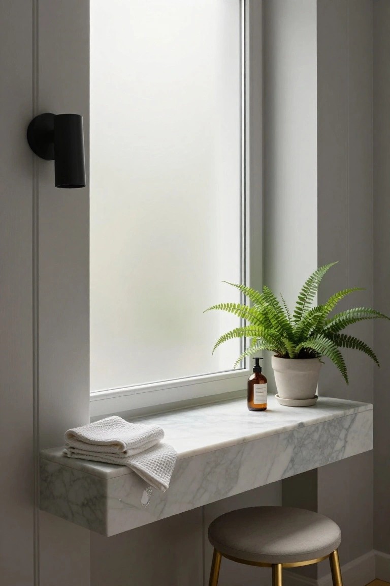 A white marble floating shelf below a frosted window holds stacked white towels, a brown lotion bottle, and a potted green fern, with a gray cushioned stool on gold legs positioned underneath in a light gray interior.