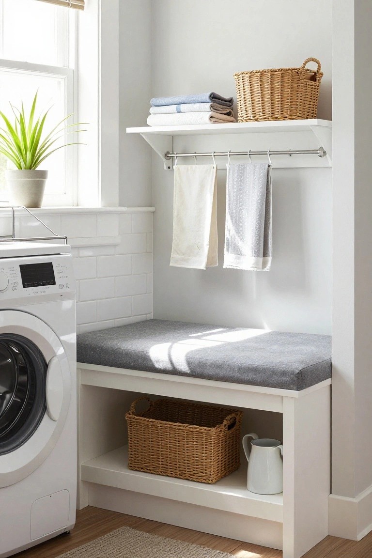 White laundry room featuring a gray cushioned bench with storage cubbies next to a front-loading washing machine, shelves above holding folded towels and woven baskets, hanging towels on a rod, and a potted green plant by the window.