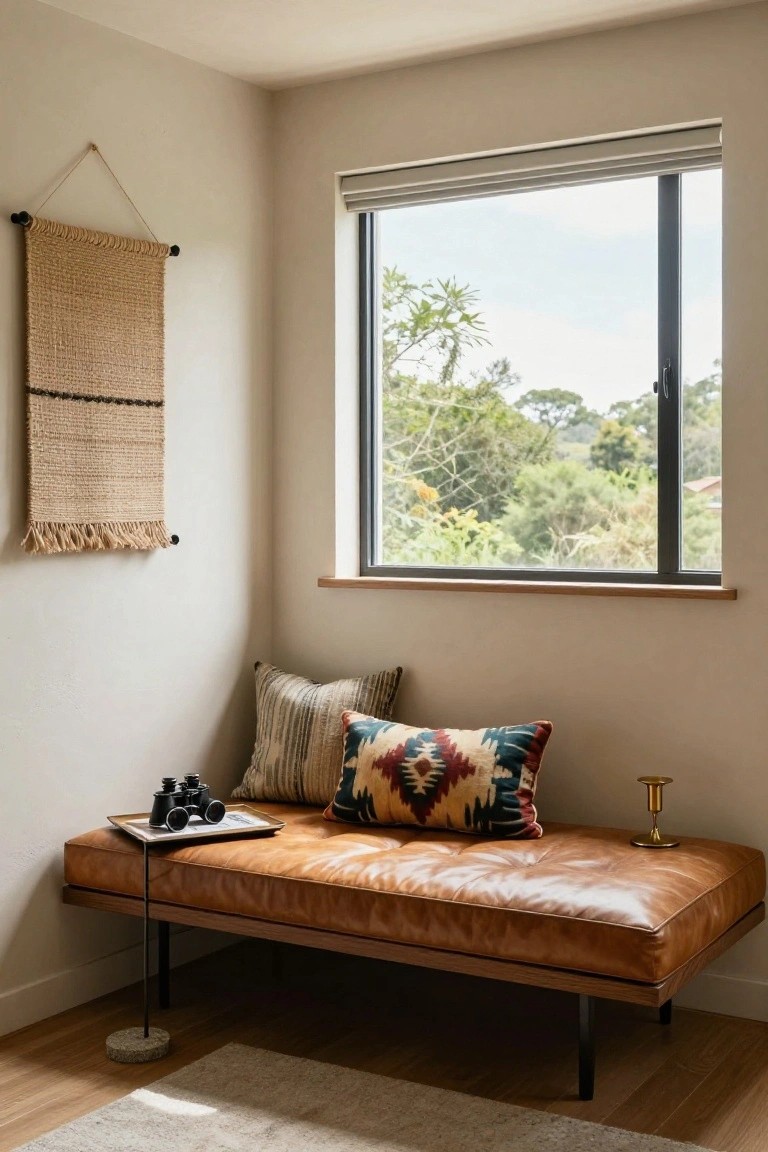 Corner indoor room featuring a low tan leather bench with pillows under a large window with natural light and outdoor tree view, plus a woven wall hanging, brass candlestick, and stone base stand on wood floor.