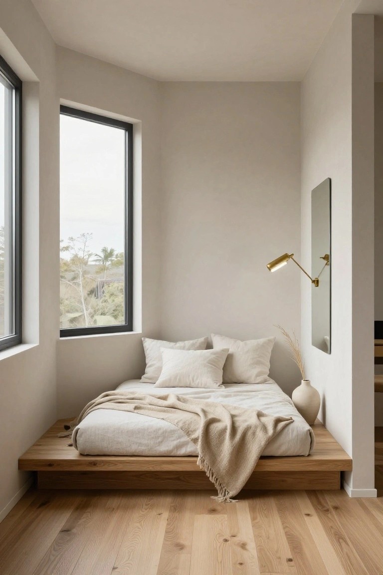 Minimalist bedroom with low oak platform bed against two large angular black-framed corner windows overlooking trees and landscape, dressed in white linens and beige throw, pampas grass and ceramic vase nearby, gold wall lamp by full-length mirror, light oak floors.