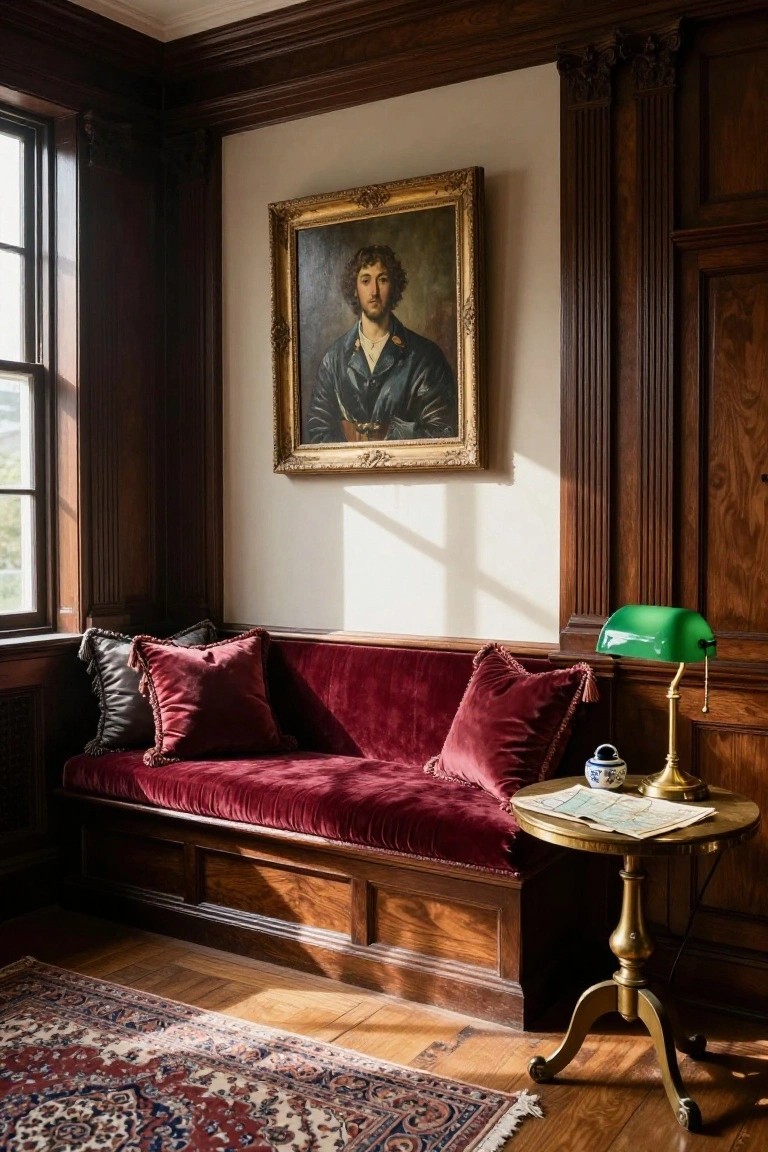 Corner of a wood-paneled room with a gold-framed portrait painting on the wall, red velvet upholstered built-in bench under a window with pillows, green banker's lamp on a gold pedestal table holding papers and a porcelain jar, and a patterned rug on the wood floor.