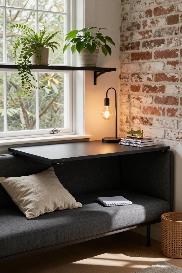 Gray upholstered window seat with black desk top extension, plants on shelves, lamp, notebooks, and exposed brick wall next to a large window.