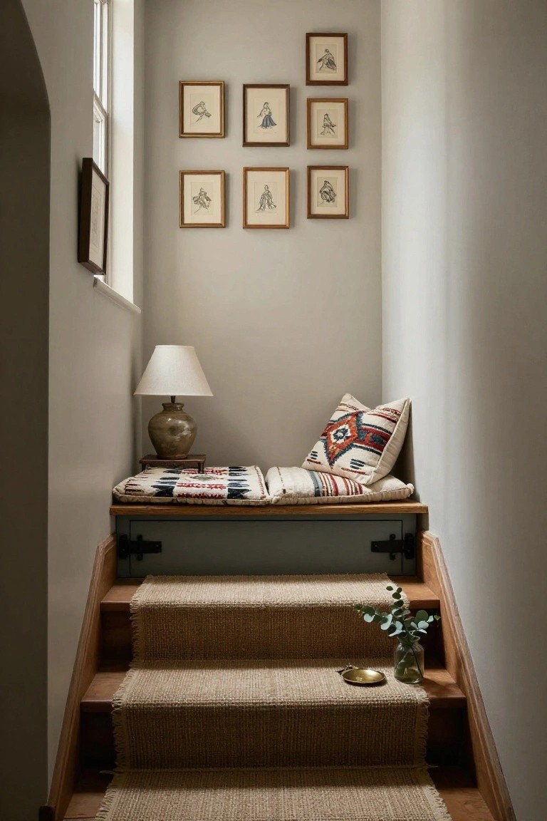 Stairwell landing with a built-in wooden window seat topped by cushions and blankets, a ceramic table lamp, framed artwork on pale walls, a small potted eucalyptus on the stairs, and a seagrass runner on wooden steps.