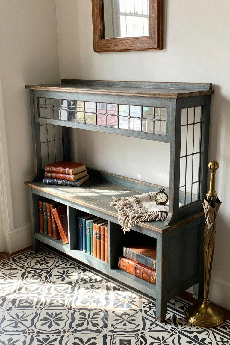 Gray painted wooden furniture unit with leaded glass upper panels and lower bookshelves filled with colorful books, topped with stacked books, a beige blanket, and pocket watch, beside a brass umbrella stand in a corner room with white walls, wood mirror, and black-and-white checkered tile floor.