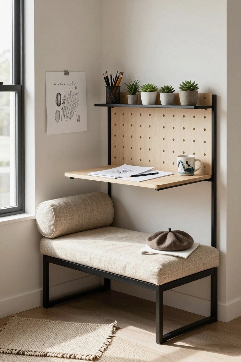 A compact wall-mounted birch desk and bench next to a large window, featuring a pegboard panel with plants, pencils, and a mug, plus a cushioned bench below.