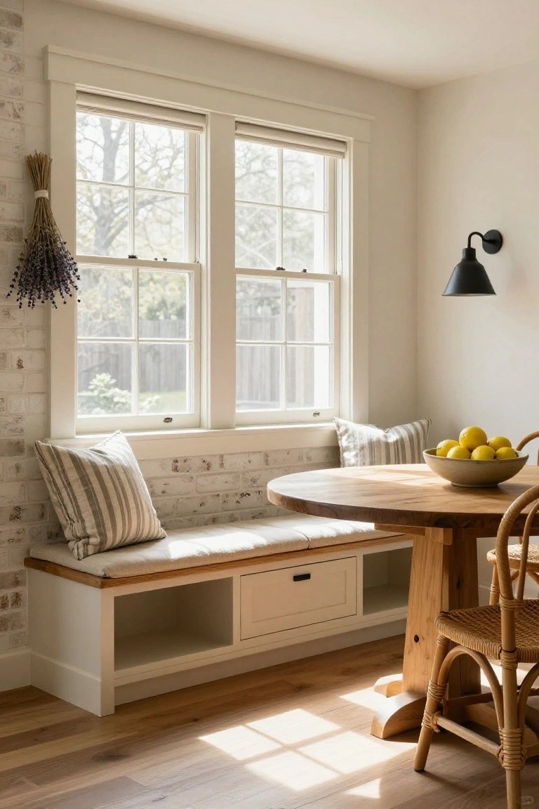 Built-in white window seat bench with striped pillows and storage drawers under a round wooden table holding a bowl of lemons, paired with rattan chairs, large double-hung windows, exposed white brick wall, and hardwood floors in a sunny interior nook.