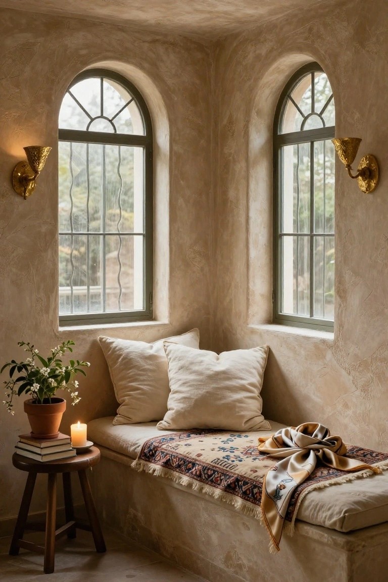 Beige textured walls in a corner with two tall arched green-framed windows overlooking trees, a built-in cushioned bench with white pillows and a patterned throw blanket, wooden stool with stacked books and lit candle, potted plant with white flowers.