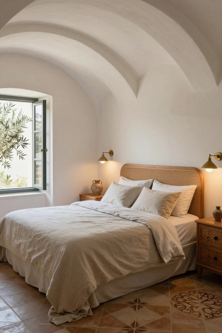 White bedroom featuring barrel-vaulted plaster ceilings, a king bed with rattan headboard and white linen bedding, brass wall sconces, wooden nightstands with terracotta vases, terracotta tile floor, and an open green-shuttered window overlooking an olive tree.