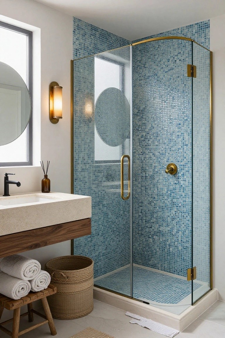 Compact modern bathroom with curved glass shower enclosure tiled in blue mosaics, wooden vanity with stone sink and black faucet, round wall mirror, wall sconce, reed diffuser, towels on stool, and woven basket.