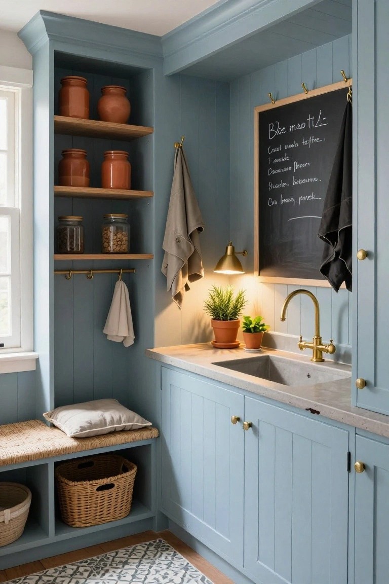 Corner kitchen with light blue paneled walls and cabinets, wood shelves holding terracotta pots and glass jars, brass sink faucet, blackboard with chalk writing, hanging towels, plants in terracotta pots, and built-in bench with rattan basket.
