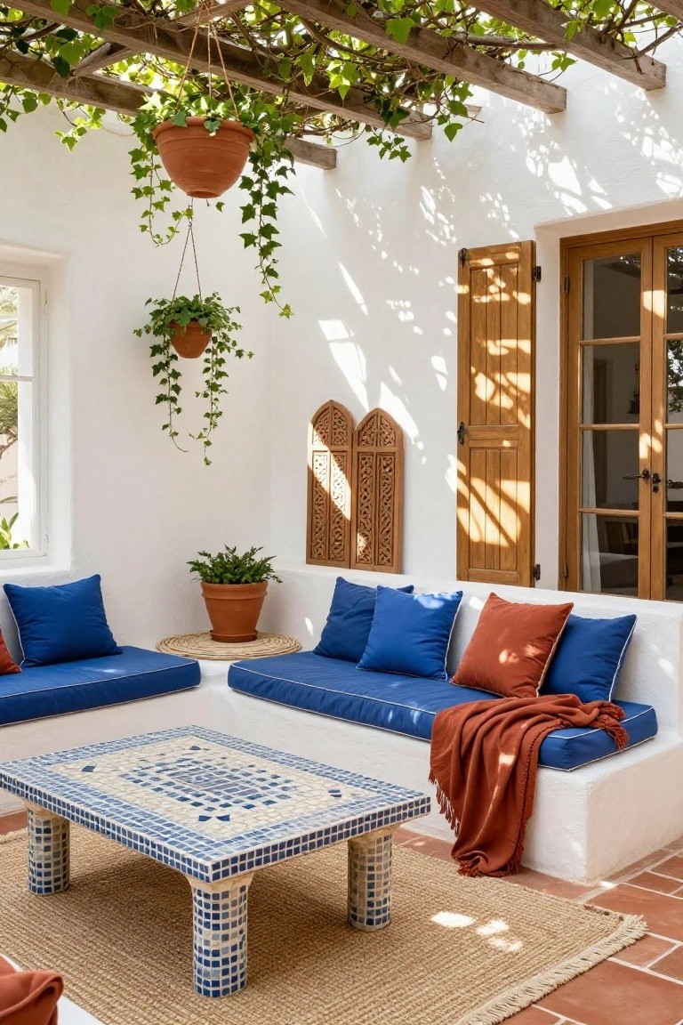 Shaded outdoor courtyard with white stucco walls and built-in benches covered in blue cushions and rust throws, a blue and white mosaic tiled coffee table on a seagrass rug, terracotta plant pots, hanging ivy plants, and wooden shutters beside French doors on terracotta tile flooring.