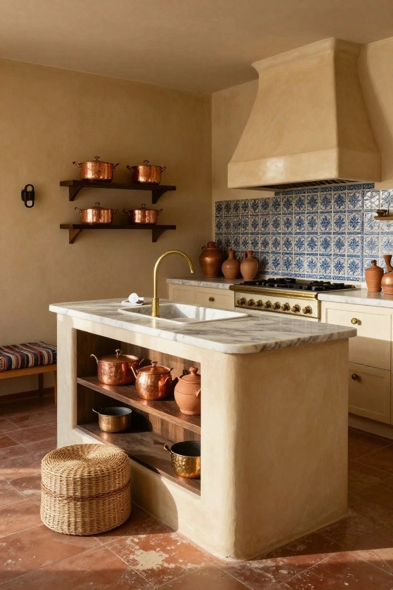 Rustic kitchen interior with beige stucco walls, blue Portuguese-style tile backsplash, white marble island, gold faucet and stove, copper pots on wooden shelves, terracotta tile floor, and woven stool.
