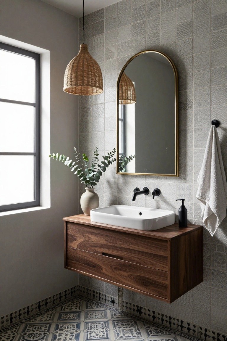 Bathroom interior with gray patterned wall tiles, blue patterned floor tiles, floating walnut wood vanity and white sink, black wall-mounted faucet, round gold mirror, rattan pendant lights, white towel on hook, and eucalyptus plant in terracotta vase next to window.
