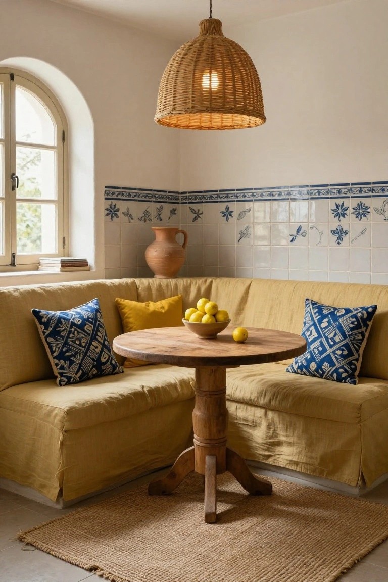 Corner kitchen banquette with mustard yellow linen-covered benches and blue patterned pillows, round wooden pedestal table holding a bowl of lemons, blue and white tiled walls, large terracotta pot, arched window, and woven pendant light over seagrass rug.