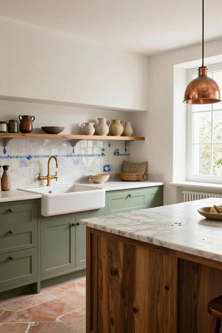 Kitchen with sage green cabinets, white farmhouse sink, blue and white tiled backsplash, marble countertops, wooden island and shelves holding pottery, copper pendant light, and terracotta floor tiles.
