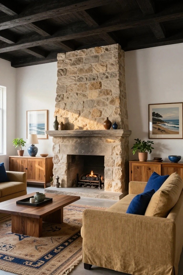 Living room interior with tall rough stone fireplace, dark exposed beam ceiling, yellow upholstered sofa with blue pillows, wooden cabinets and low table on light floors and white walls.