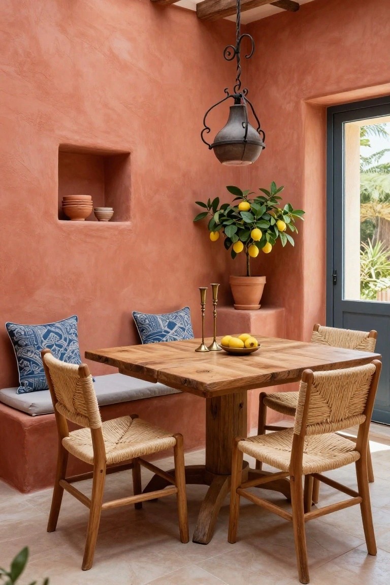 A cozy indoor dining nook with textured terracotta walls, a square wooden table topped with lemons and gold candlesticks, rush chairs, blue patterned pillows on a built-in bench, a potted lemon tree, and a hanging lantern.